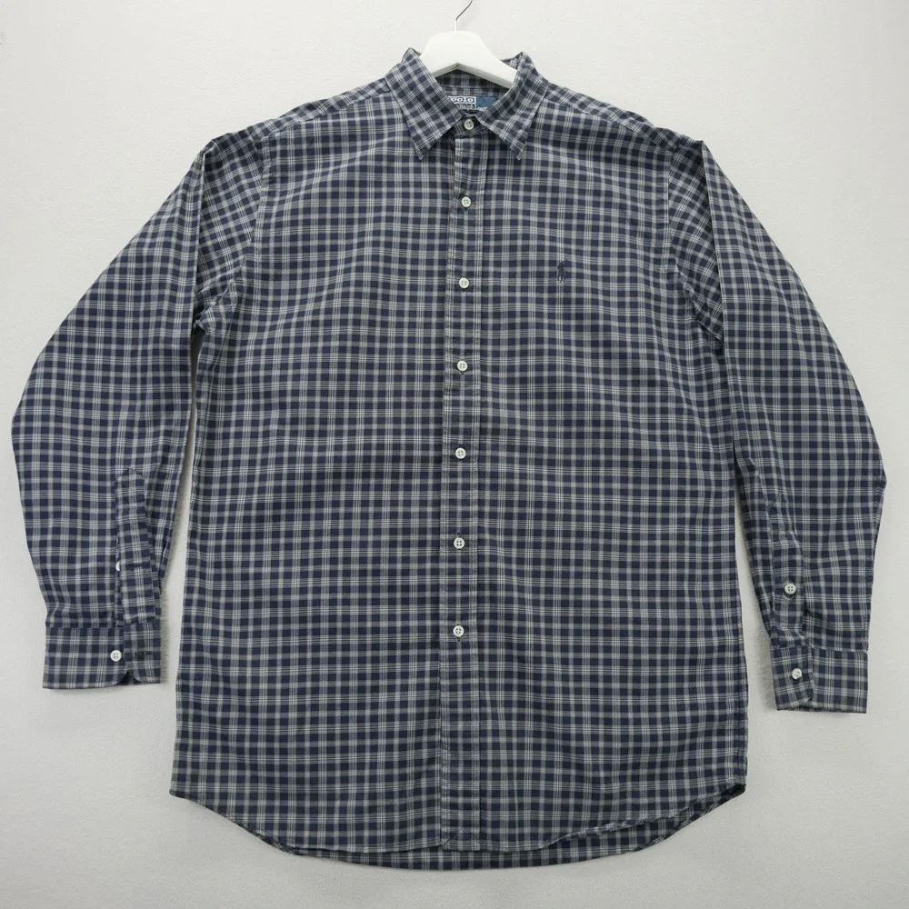 Polo Ralph‎ Lauren Lowell Sport Mens Medium Blue Plaid Cotton Button Down Shirt